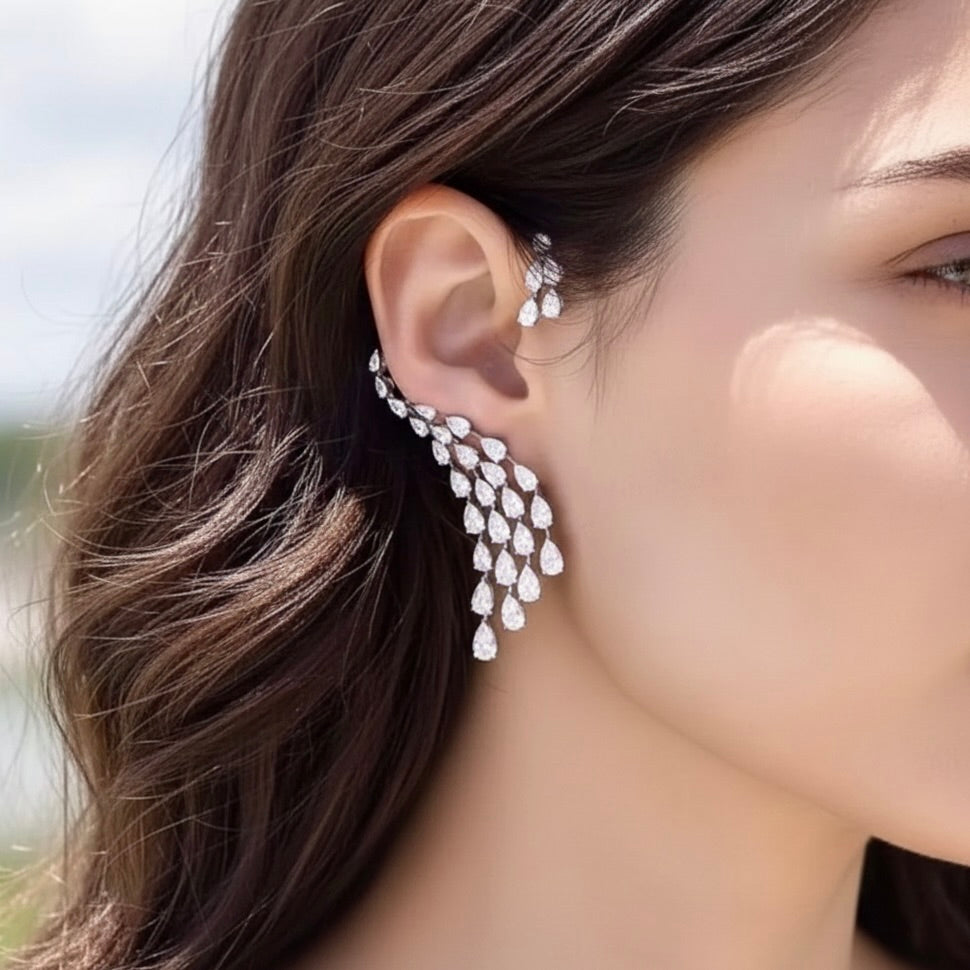 Wedding Jewelry - Silver CZ Bridal Ear Cuff Earrings