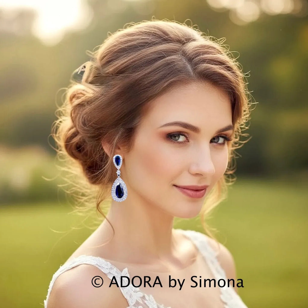 Teardrop Halo CZ Bridal Earrings - Clear, Blue & Red | Wedding Jewelry