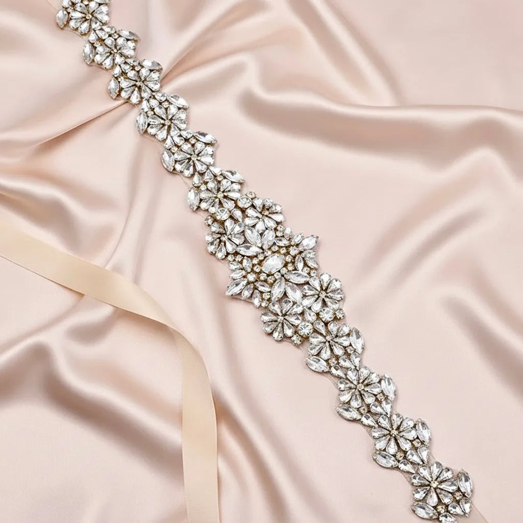 Elegant Gold Crystal Bridal Belt On Champagne Satin Ribbon Elegant Gold Crystal Bridal Belt On Champagne Satin Ribbon