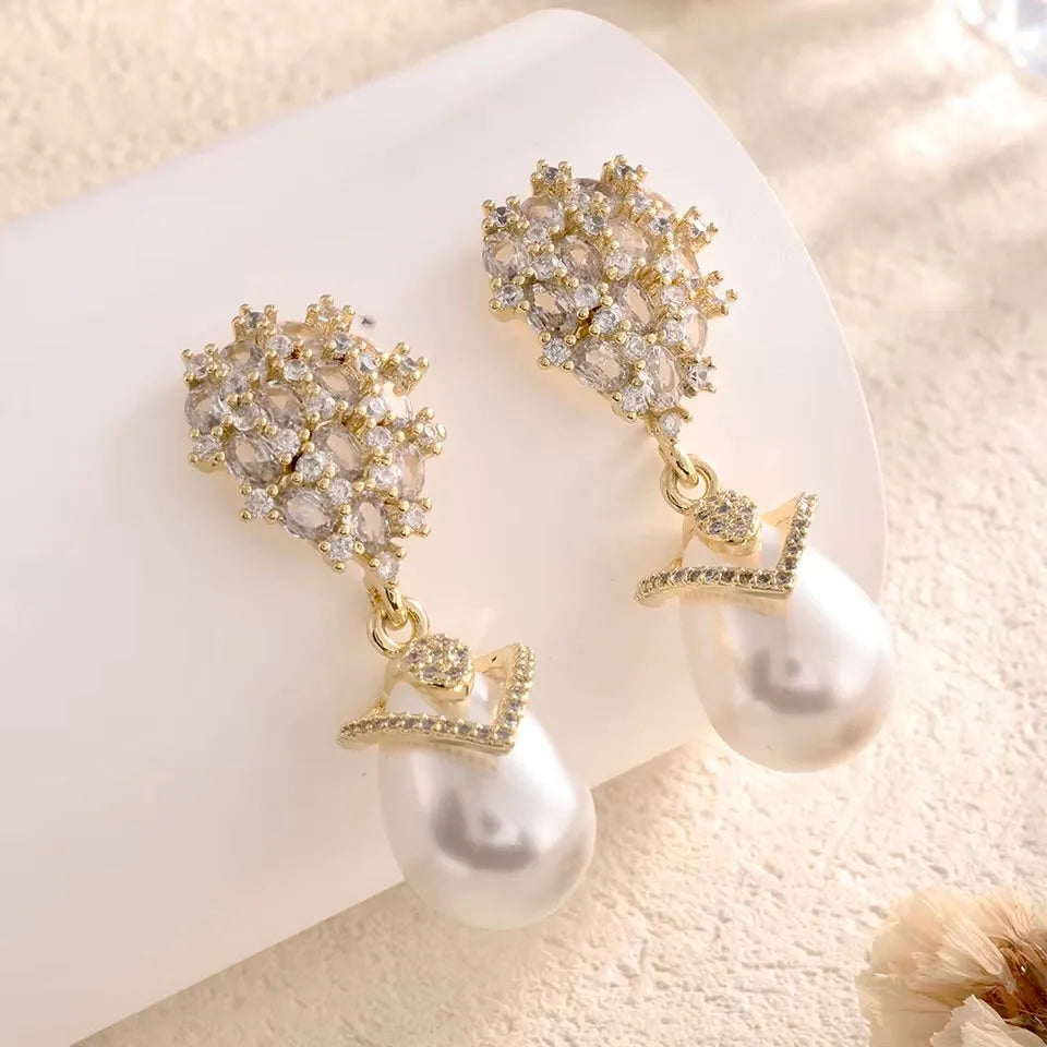 Wedding Jewelry - Pearl and Cubic Zirconia Bridal Earrings - Available in Silver and Gold