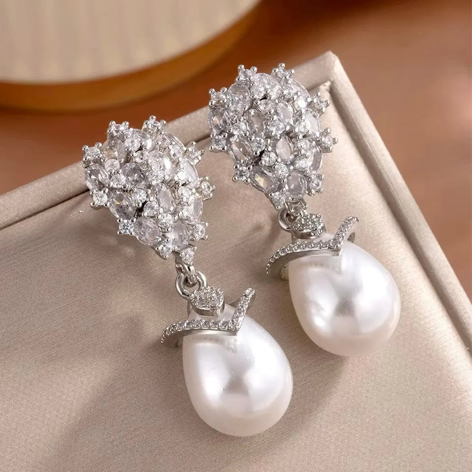 Wedding Jewelry - Pearl and Cubic Zirconia Bridal Earrings - Available in Silver and Gold