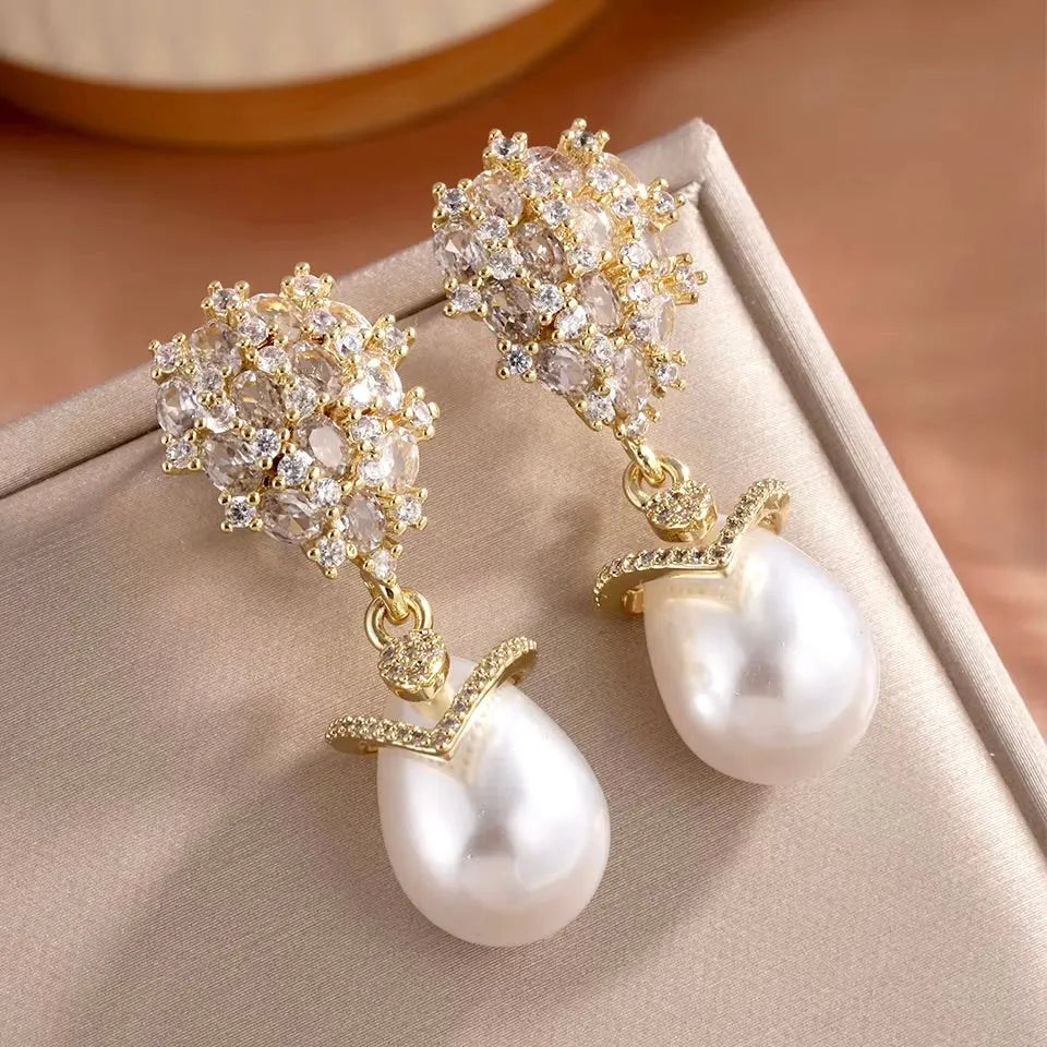 Wedding Jewelry - Pearl and Cubic Zirconia Bridal Earrings - Available in Silver and Gold