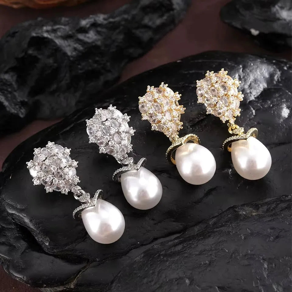 Wedding Jewelry - Pearl and Cubic Zirconia Bridal Earrings - Available in Silver and Gold