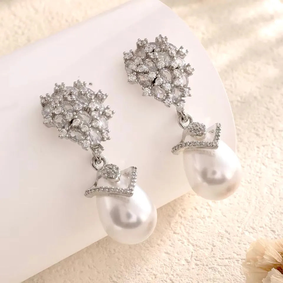 Wedding Jewelry - Pearl and Cubic Zirconia Bridal Earrings - Available in Silver and Gold