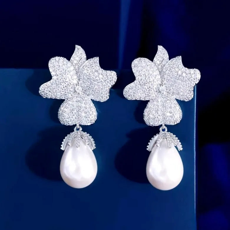 Wedding Jewelry | Pearl and CZ Bridal Earrings 'Dori' - Silver & Gold