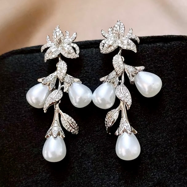 Pearl Wedding Jewelry | Pearl and Cubic Zirconia Bridal Earrings