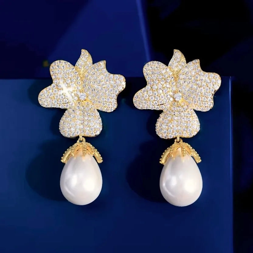 Wedding Jewelry | Pearl and CZ Bridal Earrings 'Dori' - Silver & Gold