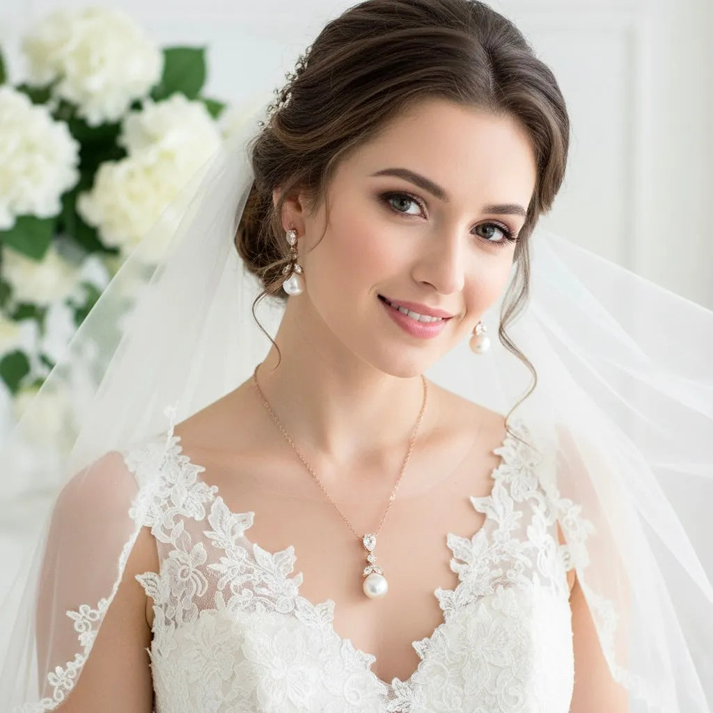 Wedding Jewelry - Pearl and Cubic Zirconia Bridal Jewelry Set - Available in Rose Gold and Silver