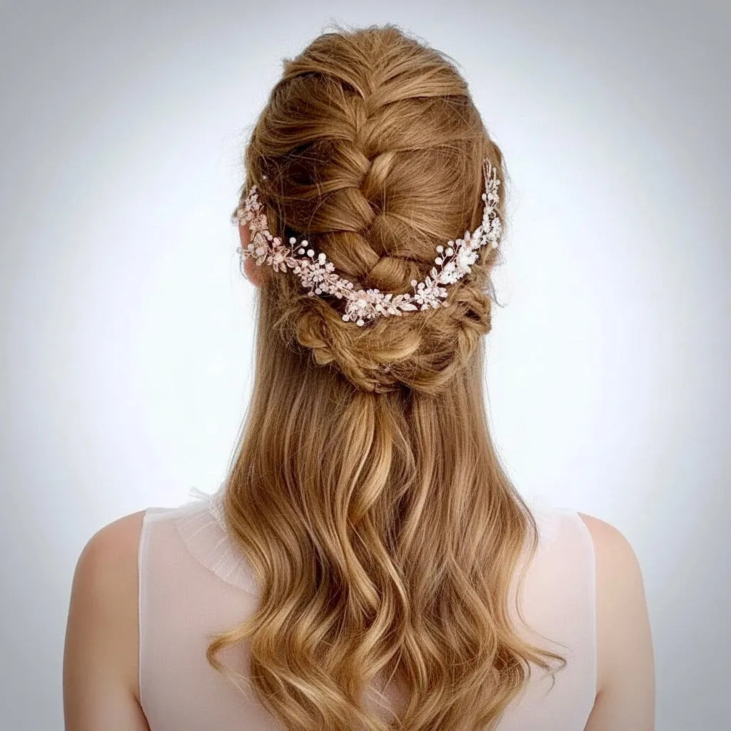 Gold Pearl & Crystal Bridal Tiara Headband - Elegant Hair Accessory Pearl CZ Bridal Tiara, Gold V Shaped Wedding Crown, Ivory  main image 2