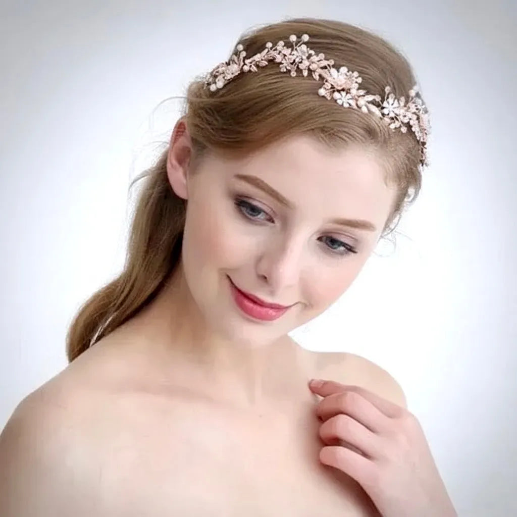 Wedding Hair Accessories - Rose Gold Pearl and Crystal Bridal Headband