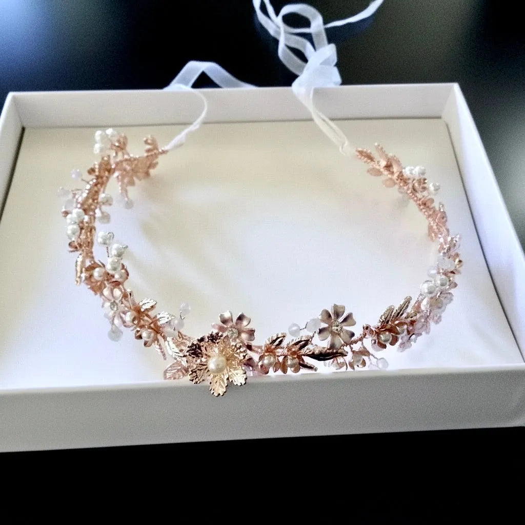 Rose Gold Pearl & Crystal Bridal Headband for Weddings  display picture 3