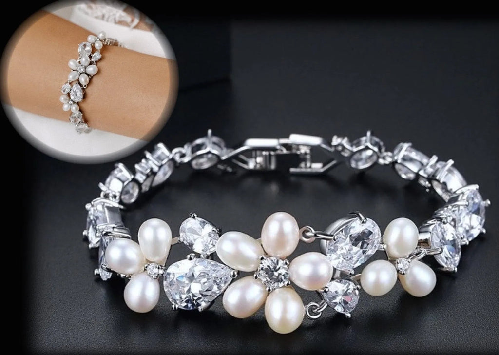 Pearl Wedding Jewelry - Freshwater Pearl and Cubic Zirconia Bridal Bracelet