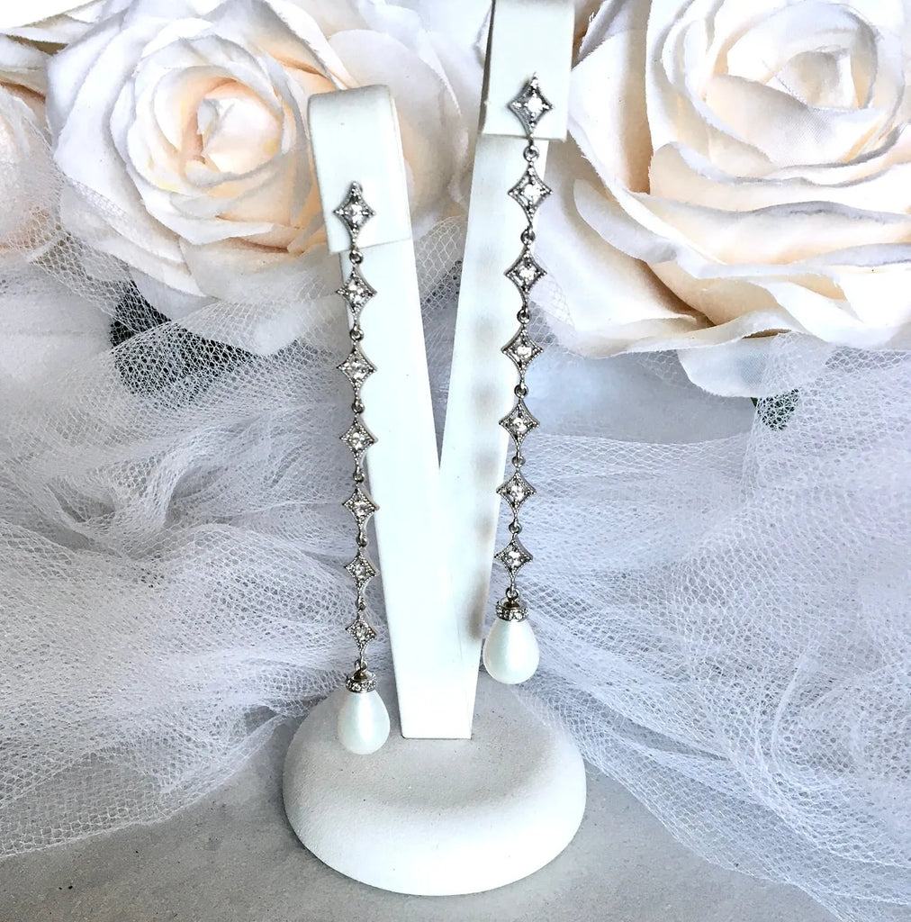 Wedding Jewelry - Pearl and Cubic Zirconia Long Bridal Earrings