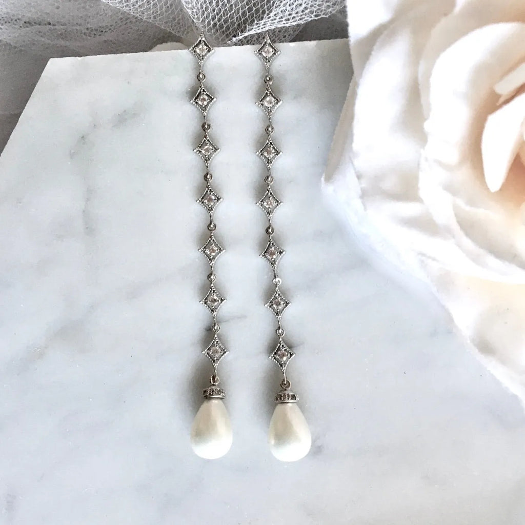 Wedding Jewelry - Pearl and Cubic Zirconia Long Bridal Earrings