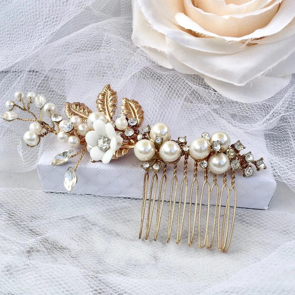 Wedding Hair Accessories - Ceramic Flowers Bridal Hair Comb and Earrings Set - Gold