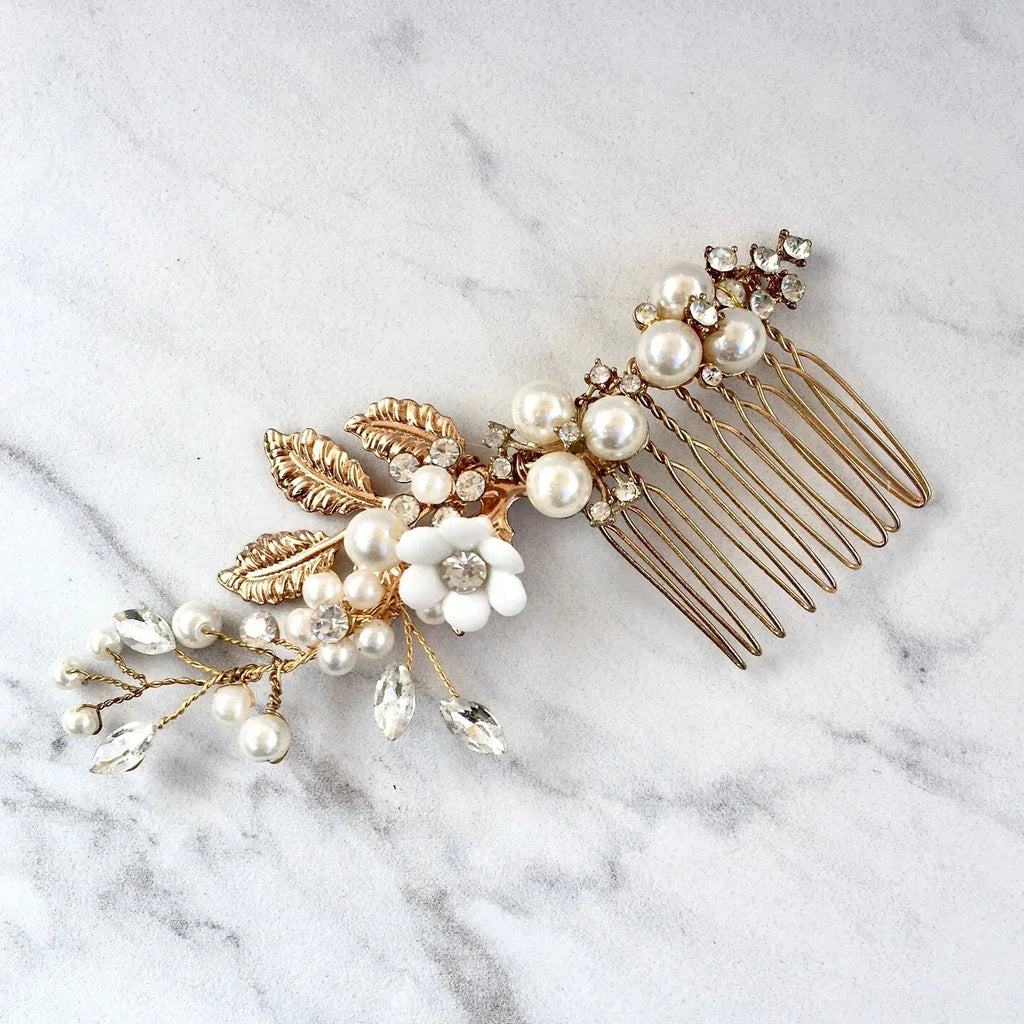 Wedding Hair Accessories - Ceramic Flowers Bridal Hair Comb and Earrings Set - Gold