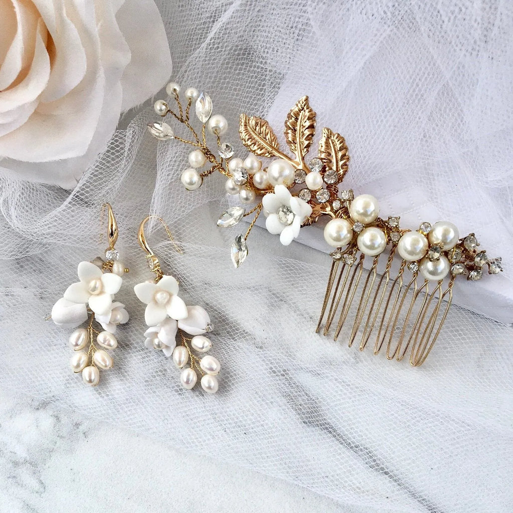 Wedding Hair Accessories - Ceramic Flowers Bridal Hair Comb and Earrings Set - Gold