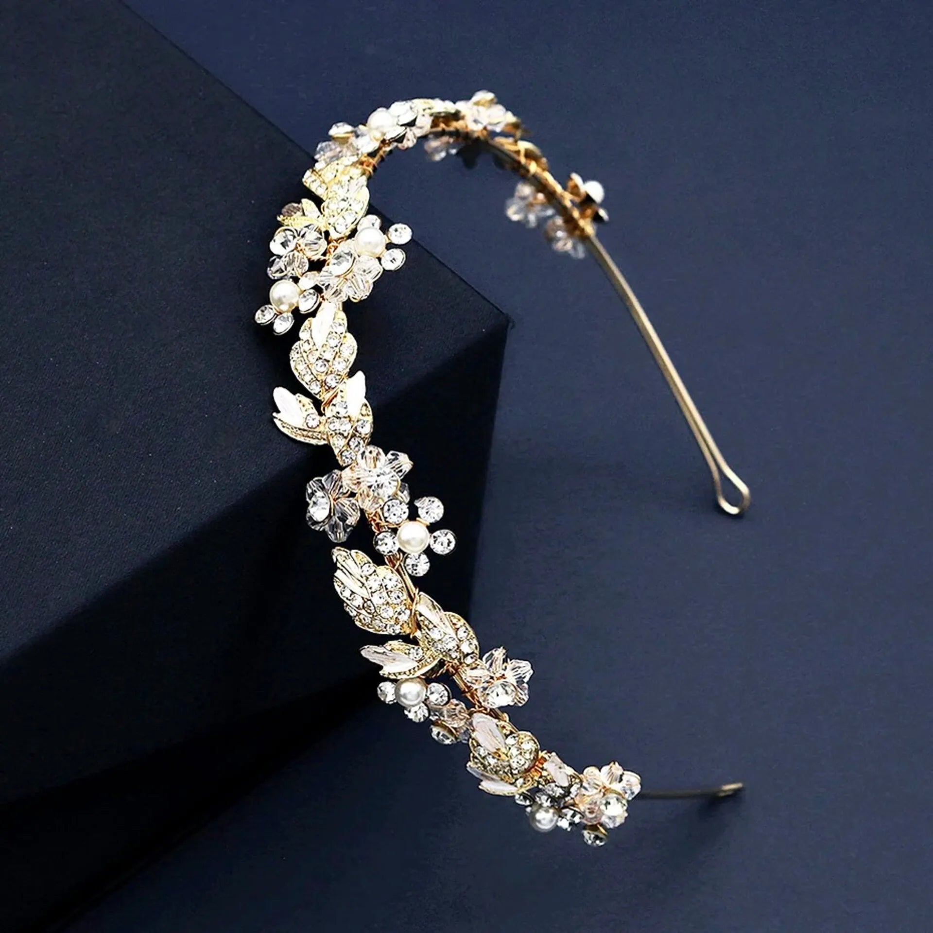 Gold Pearl & Crystal Bridal Tiara Headband - Elegant Hair Accessory Delicate crystal headband - Tiny crystal and pearl burst  main image 3