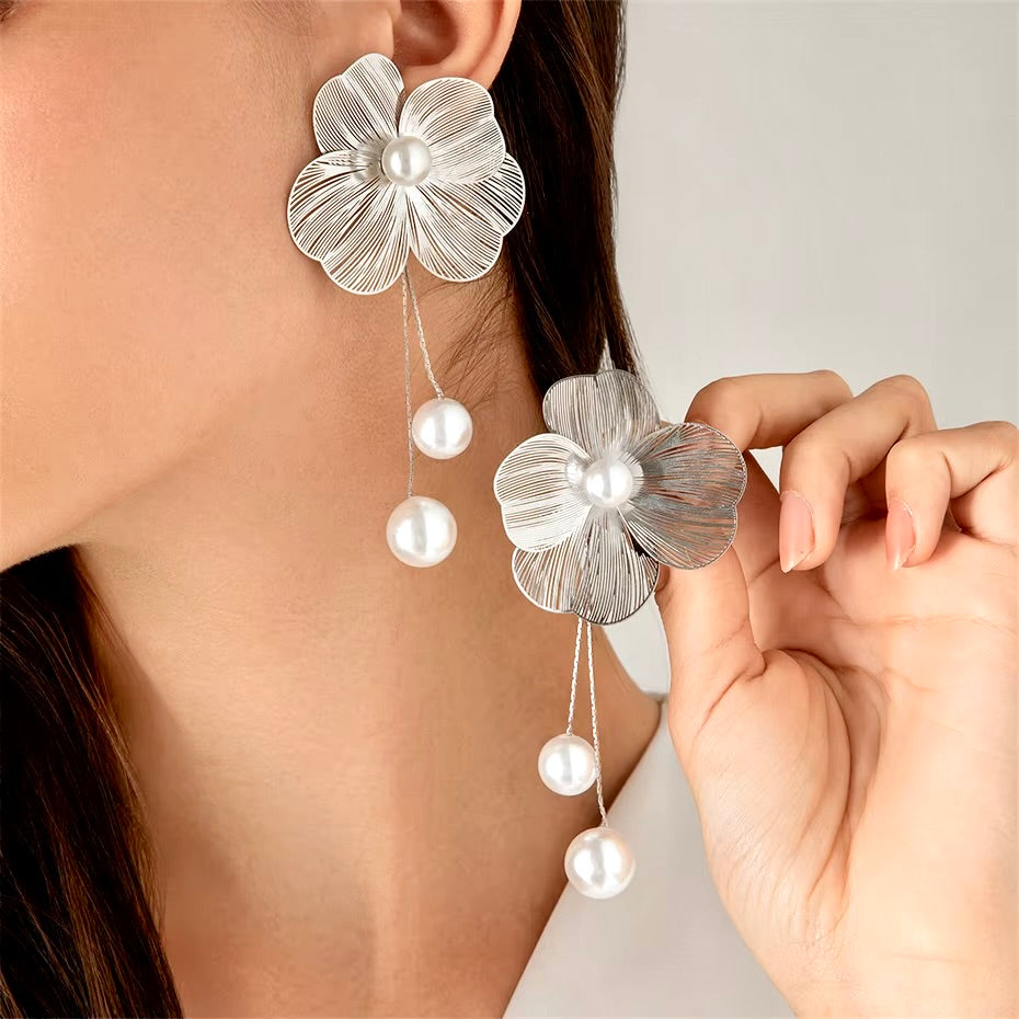 Wedding Jewelry - Floral Filigree Bridal Earrings with Pearls