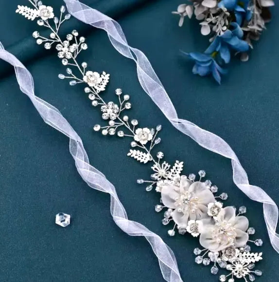 Wedding Accessories - Silk Flowers Crystal and Pearl Bridal Belt/Sash