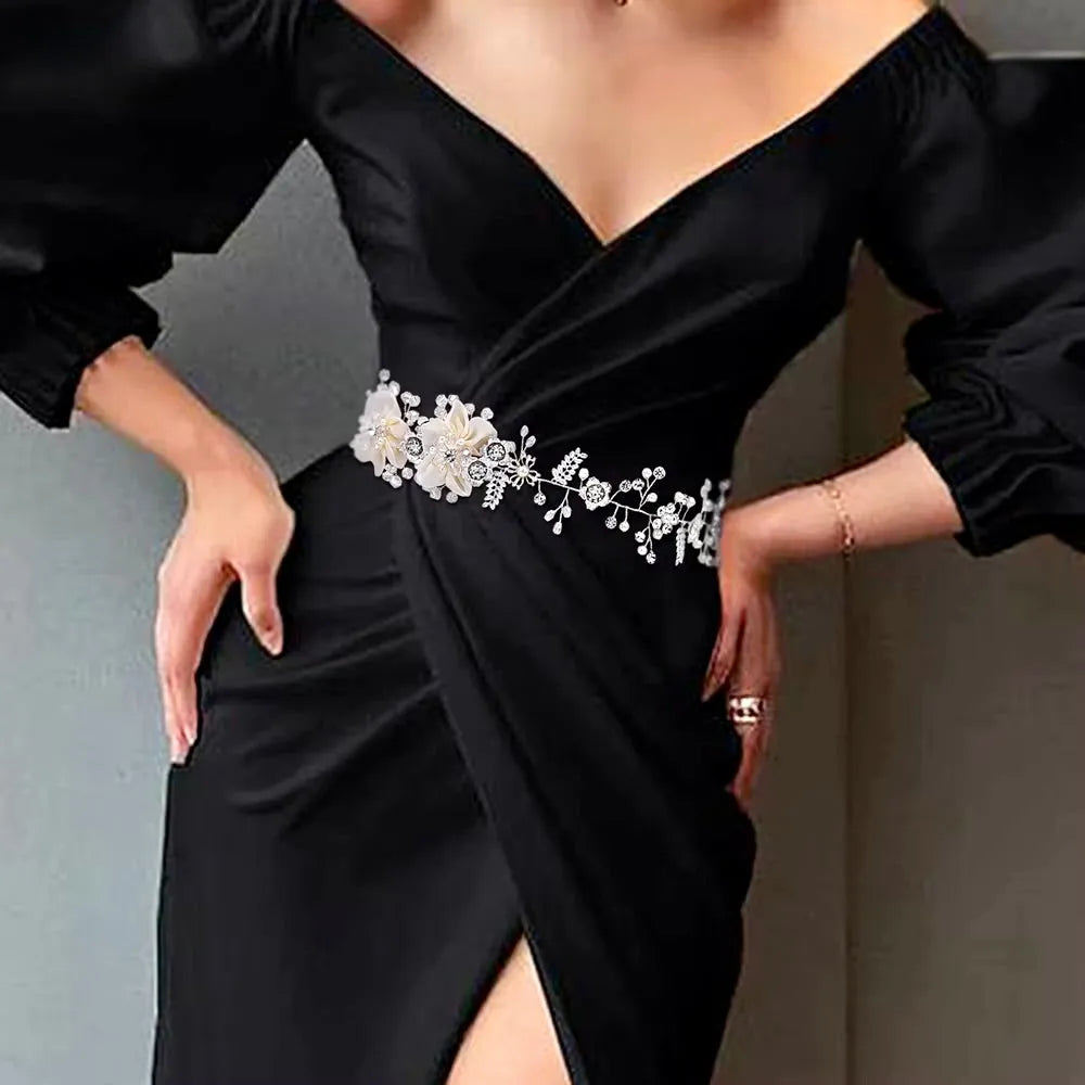 Wedding Accessories - Silk Flowers Crystal and Pearl Bridal Belt/Sash