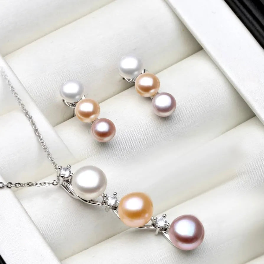 Wedding Pearl Jewelry - Natural Pearl 925 Sterling Silver Bridal Jewelry Set - More Colors Available