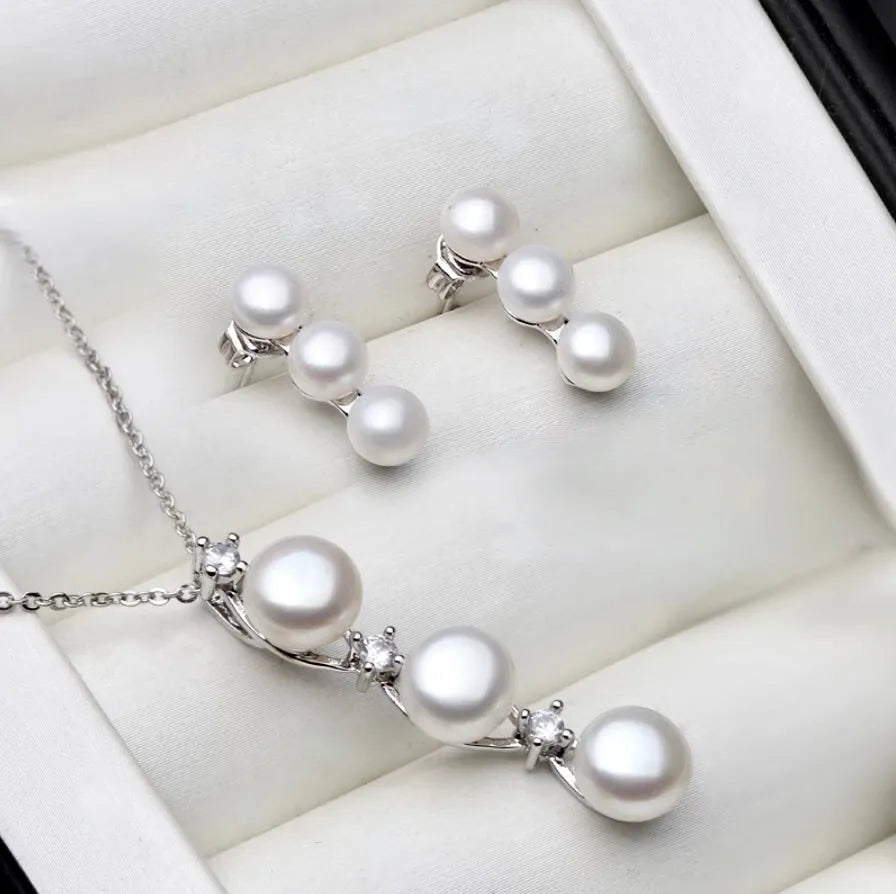 Wedding Pearl Jewelry - Natural Pearl 925 Sterling Silver Bridal Jewelry Set - More Colors Available