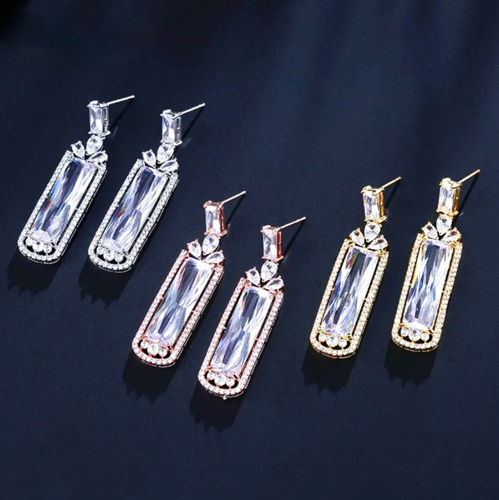 Wedding Jewelry - Geometric Cubic Zirconia Bridal Earrings - Available in Silver, Rose Gold and Yellow Gold