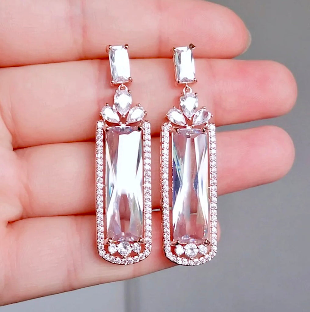 Wedding Jewelry - Geometric Cubic Zirconia Bridal Earrings - Available in Silver, Rose Gold and Yellow Gold