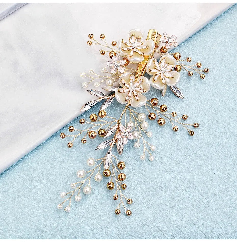 Wedding Hair Accessories - Gold Pearl and Crystal Bridal Hair Clip