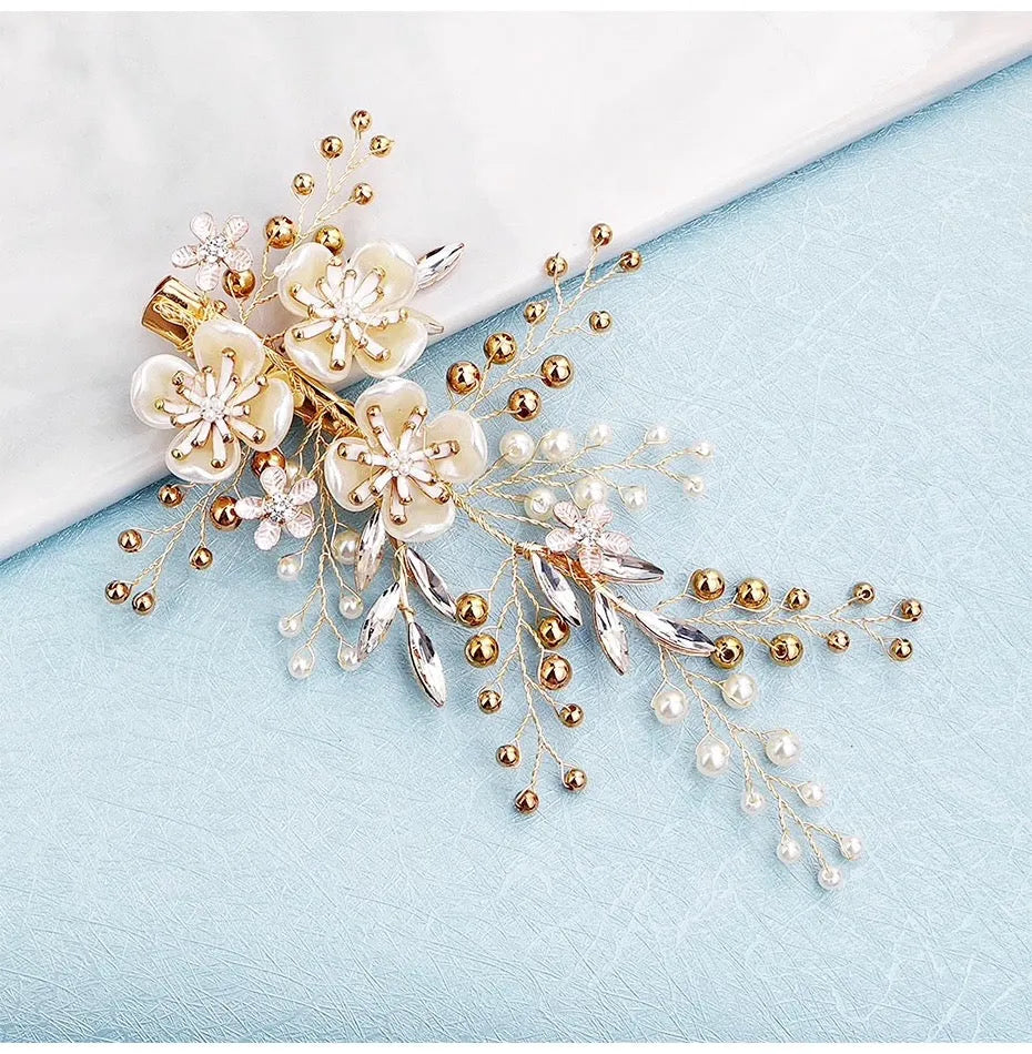 Wedding Hair Accessories - Gold Pearl and Crystal Bridal Hair Clip