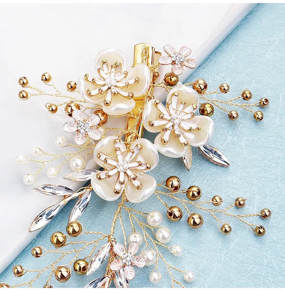 Wedding Hair Accessories - Gold Pearl and Crystal Bridal Hair Clip