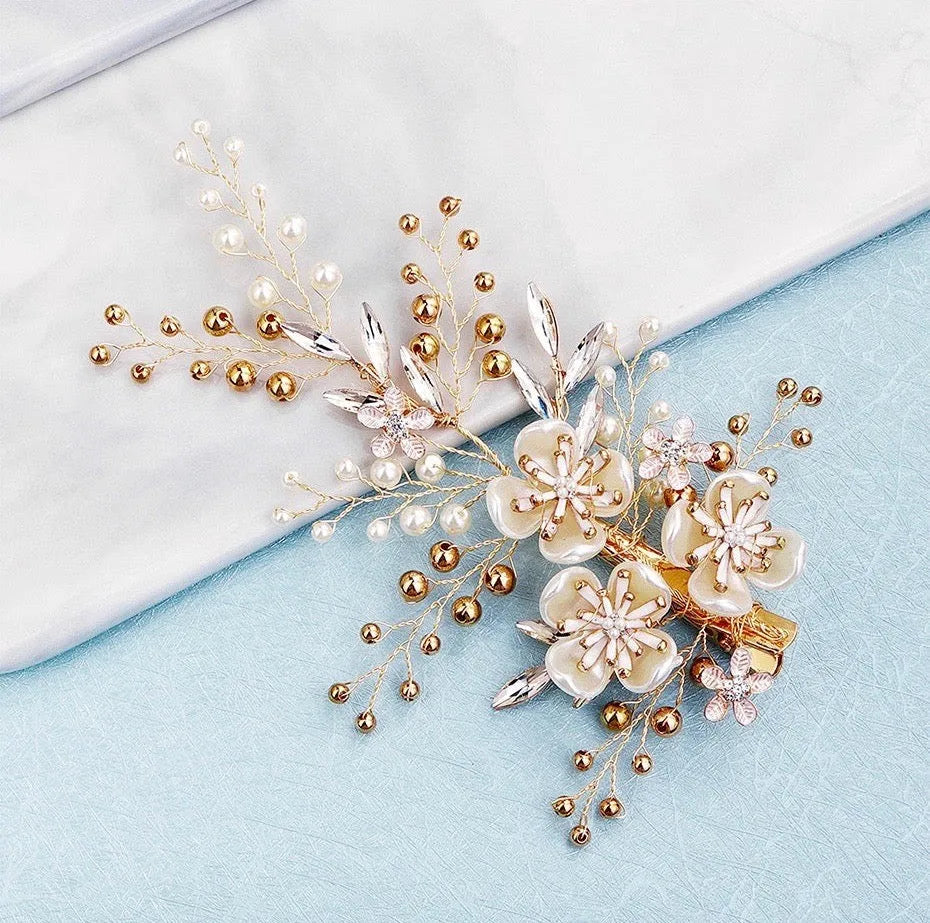 Wedding Hair Accessories - Gold Pearl and Crystal Bridal Hair Clip