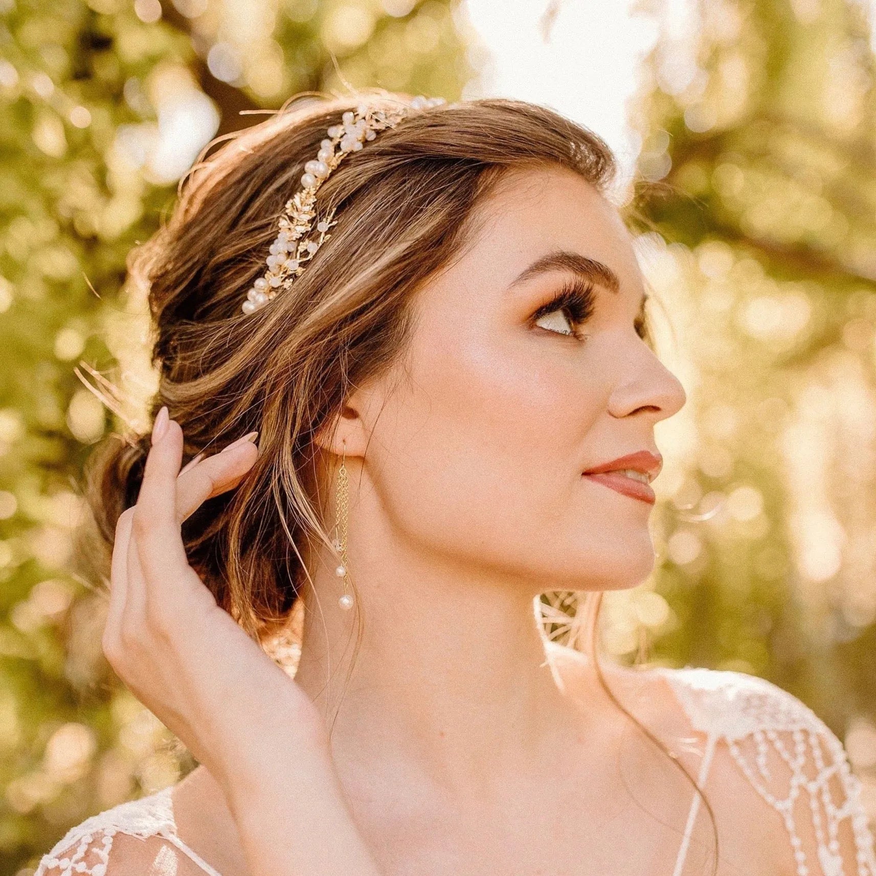 Tan Velvet Pearl Headband – Bridal Shower, Tea Party, Coquette Hair Accessory Arianna Celestial Pearl Embellished Bridal Headband AR716 main image 4