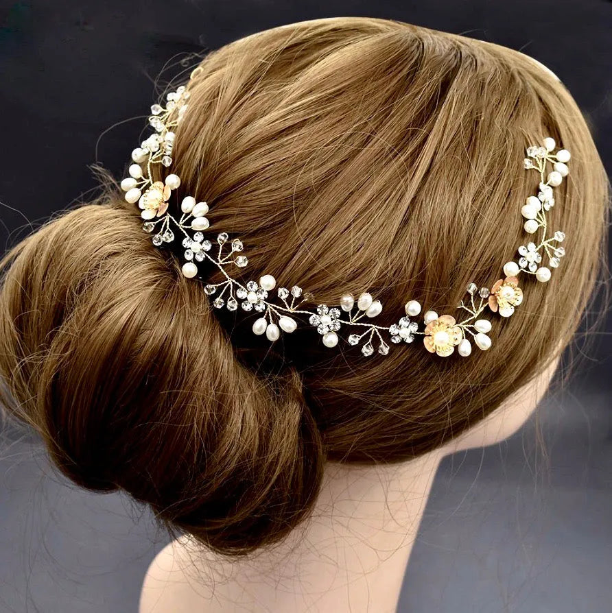 Wedding Hair Accessories - Gold Pearl and Crystal Bridal Headband