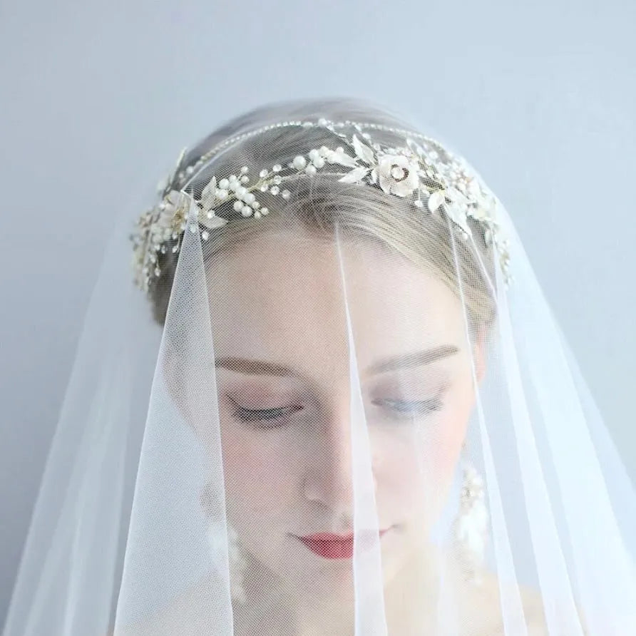 Wedding Hair Accessories - Gold Pearl and Crystal Bridal Headband with Matching Earrings