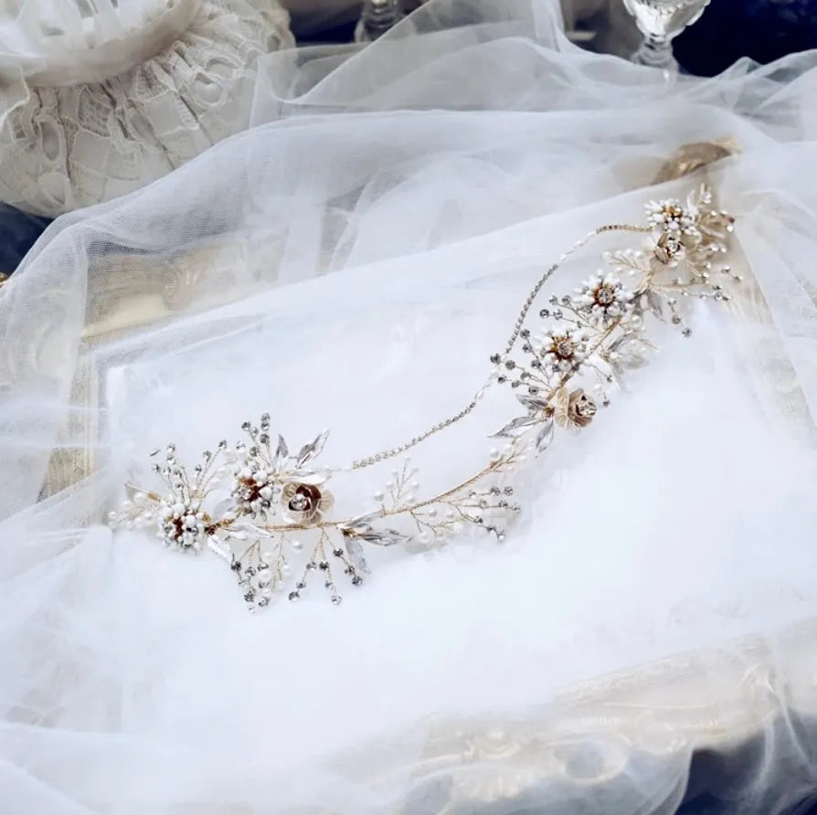 Wedding Hair Accessories - Gold Pearl and Crystal Bridal Headband with Matching Earrings