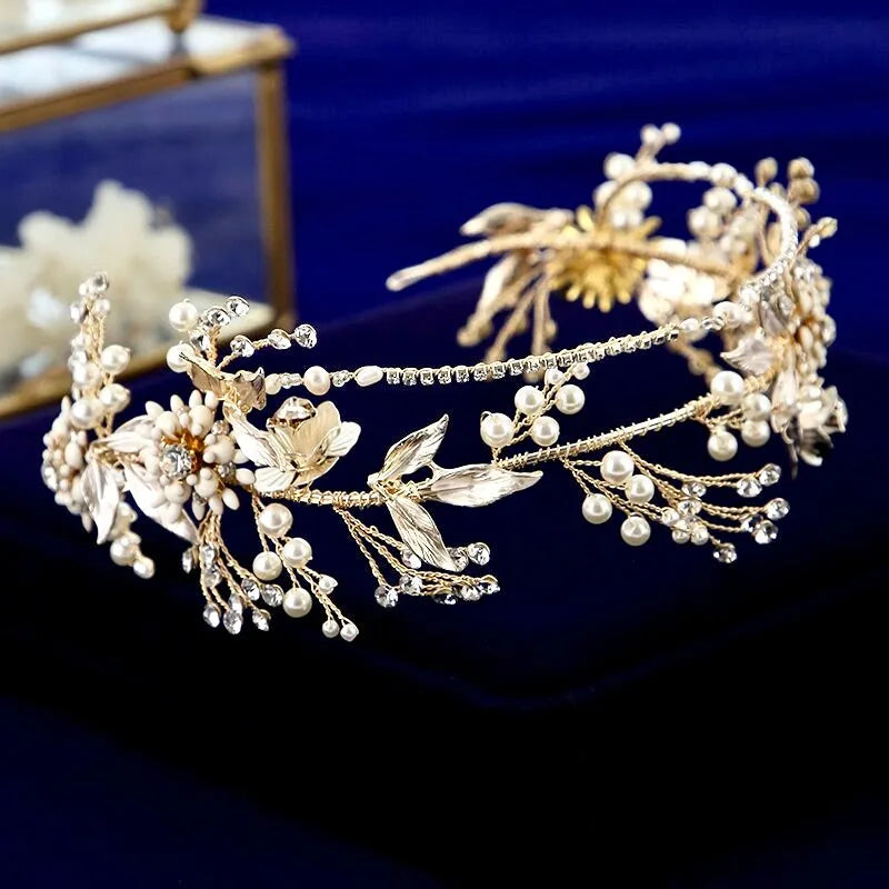 Wedding Hair Accessories - Gold Pearl and Crystal Bridal Headband with Matching Earrings
