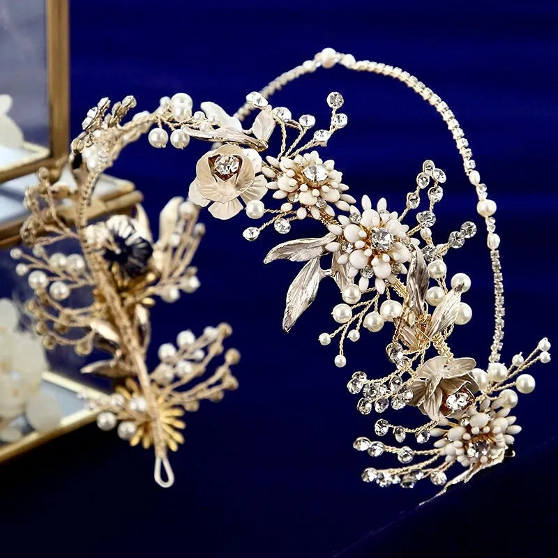 Wedding Hair Accessories - Gold Pearl and Crystal Bridal Headband with Matching Earrings