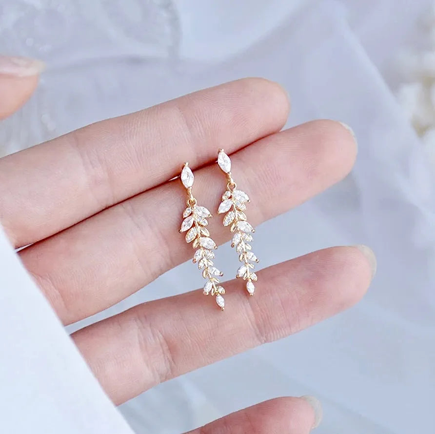 Wedding Jewelry - Gold CZ Leaf Bridal Earrings
