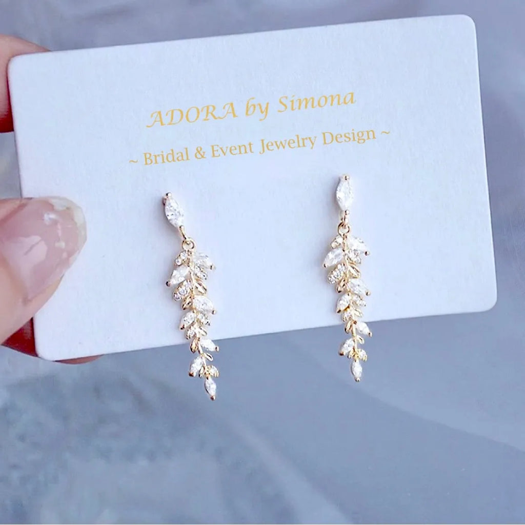 Wedding Jewelry - Gold CZ Leaf Bridal Earrings