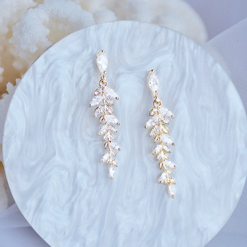 Wedding Jewelry - Gold CZ Leaf Bridal Earrings