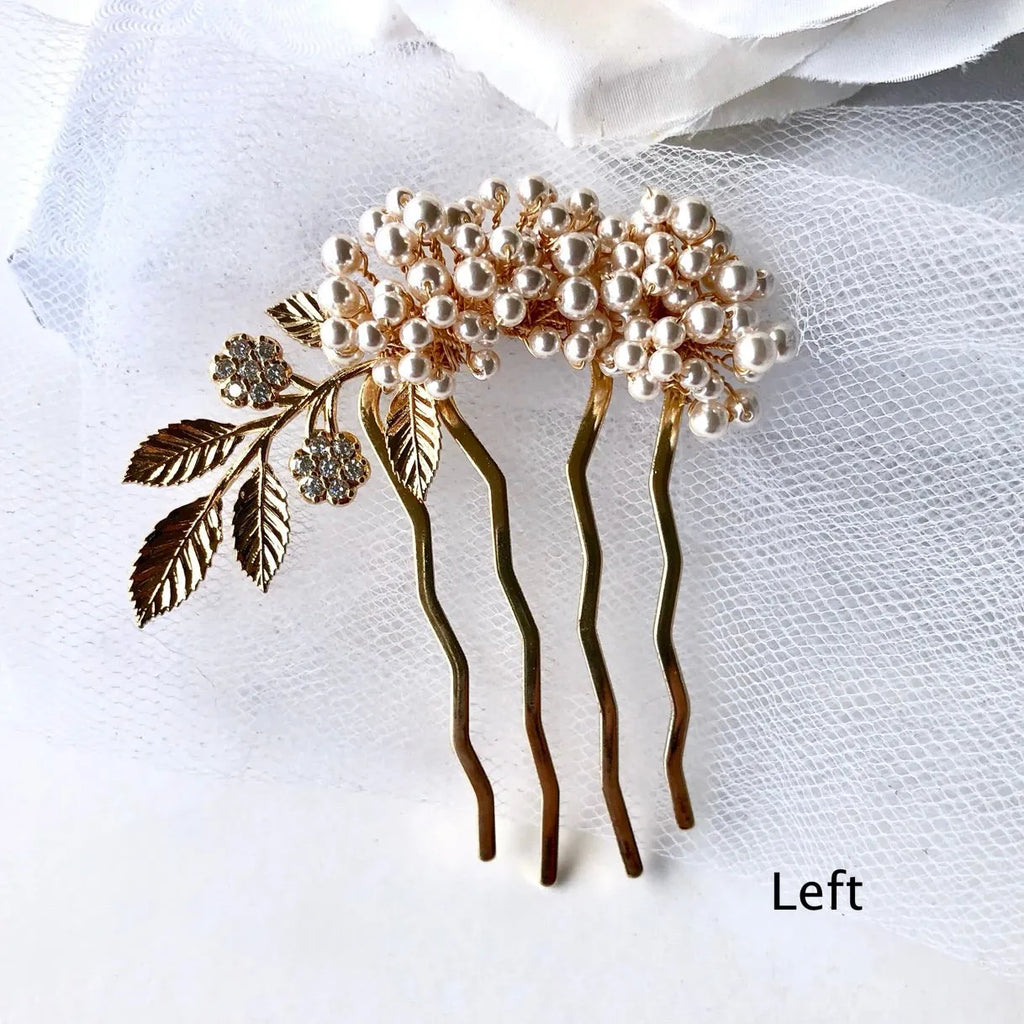 Wedding Hair Accessories - Elegant Gold Bridal Hair Combs with Pearls – Left, Right, or Pair