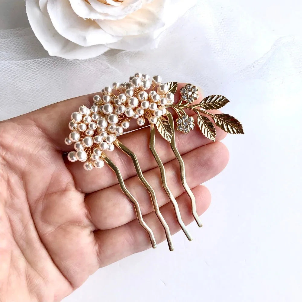Wedding Hair Accessories - Elegant Gold Bridal Hair Combs with Pearls – Left, Right, or Pair