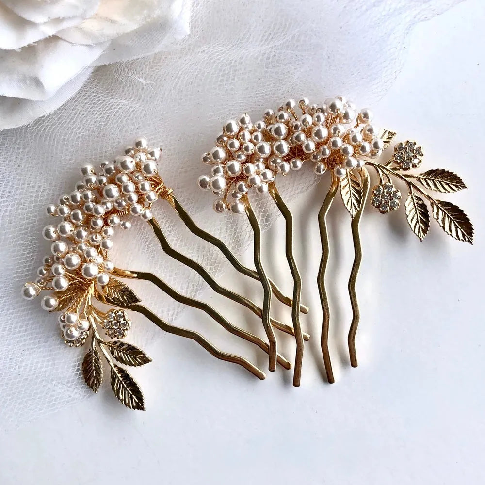 Wedding Hair Accessories - Elegant Gold Bridal Hair Combs with Pearls – Left, Right, or Pair