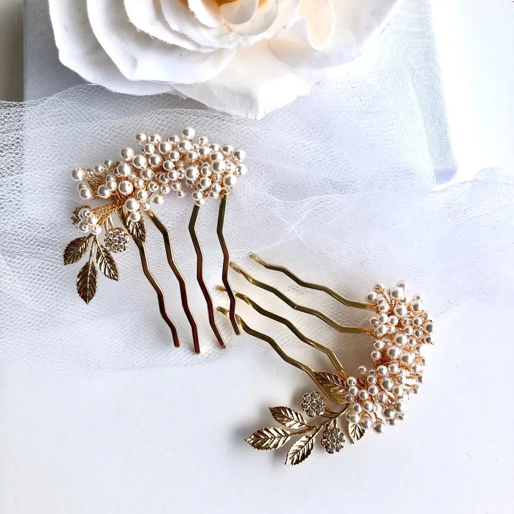 Wedding Hair Accessories - Elegant Gold Bridal Hair Combs with Pearls – Left, Right, or Pair