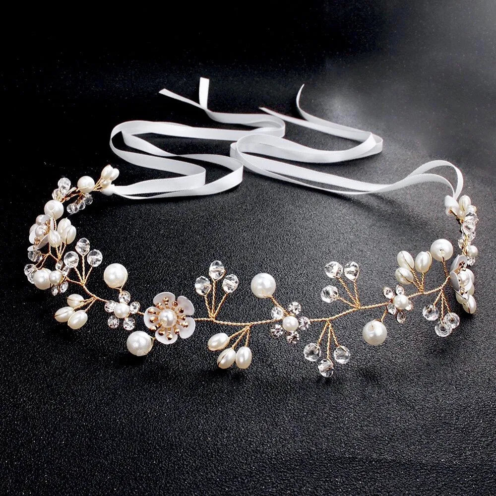 Wedding Hair Accessories - Gold Pearl and Crystal Bridal Headband