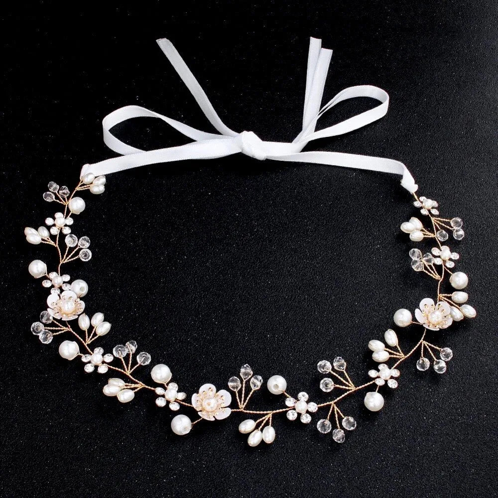 Wedding Hair Accessories - Gold Pearl and Crystal Bridal Headband