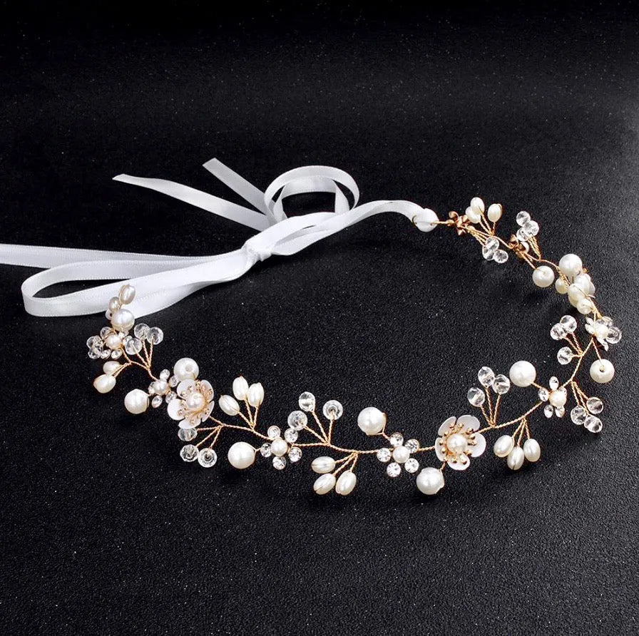 Wedding Hair Accessories - Gold Pearl and Crystal Bridal Headband
