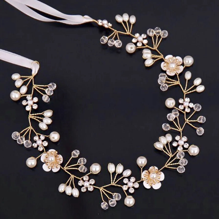 Wedding Hair Accessories - Gold Pearl and Crystal Bridal Headband
